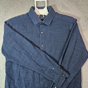 Hart Schaffner Marx Shirt Men Medium Pearl‎ Snap Long Sleeve Textured Navy Blue